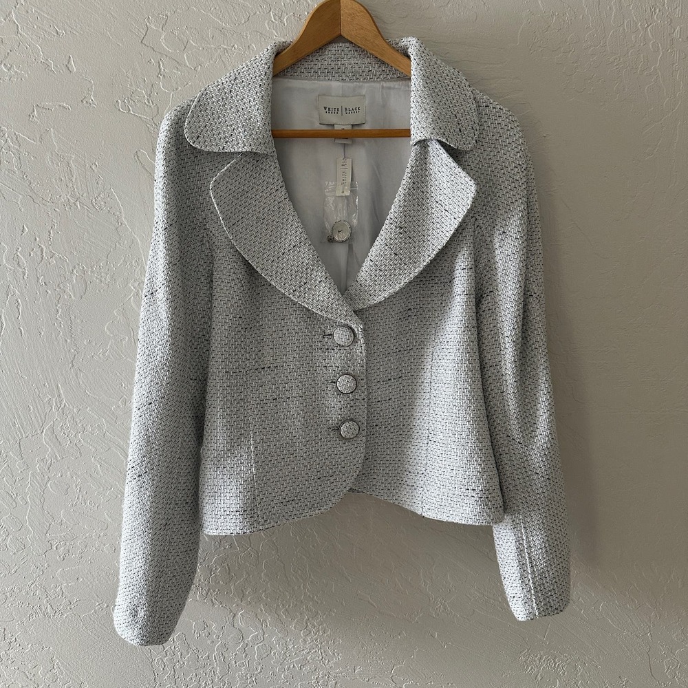 WHBM | White Gray Tweed Wide Lapel Button Front Blazer Womens NEW 14 Suit Jacket